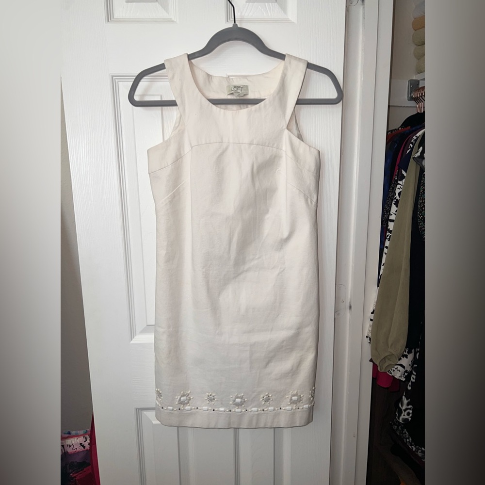 Ann Taylor LOFT White Sleeveless Beaded Dress, Size 2 Petite
